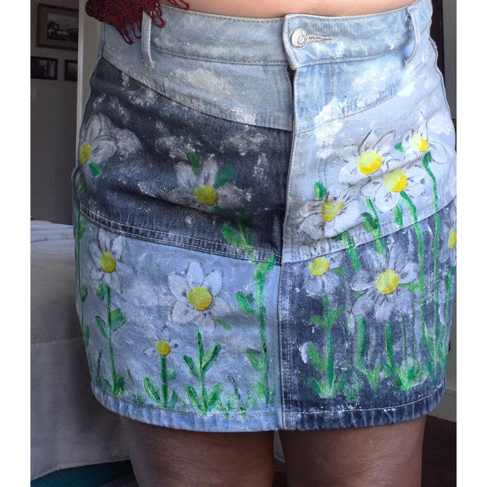 Hand Painted Denim Mini Skirt size 12 Daisy Field patchwork One of a Kind Rare